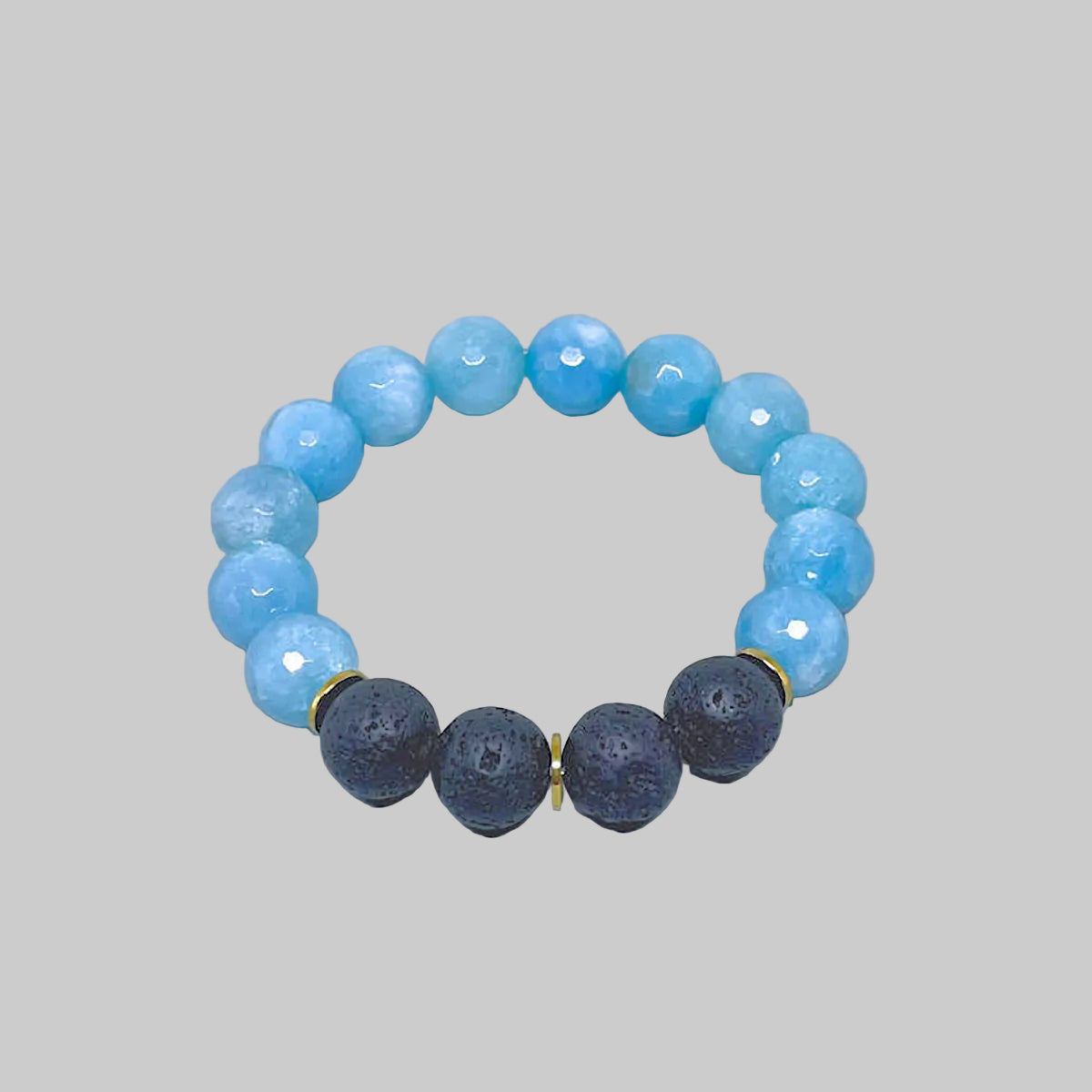 Ocean Breeze Aquamarine Stretch Bracelet with Black Lava Beads