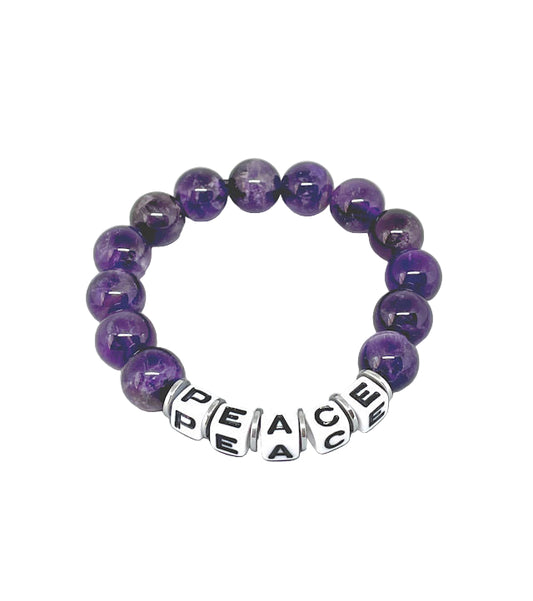 12mm Amethyst Inspirational "PEACE" Stretch Bracelet