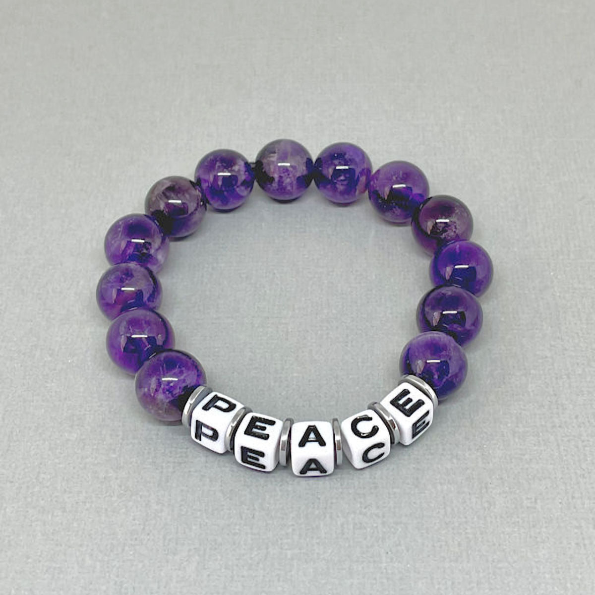 12mm Amethyst Inspirational "PEACE" Stretch Bracelet