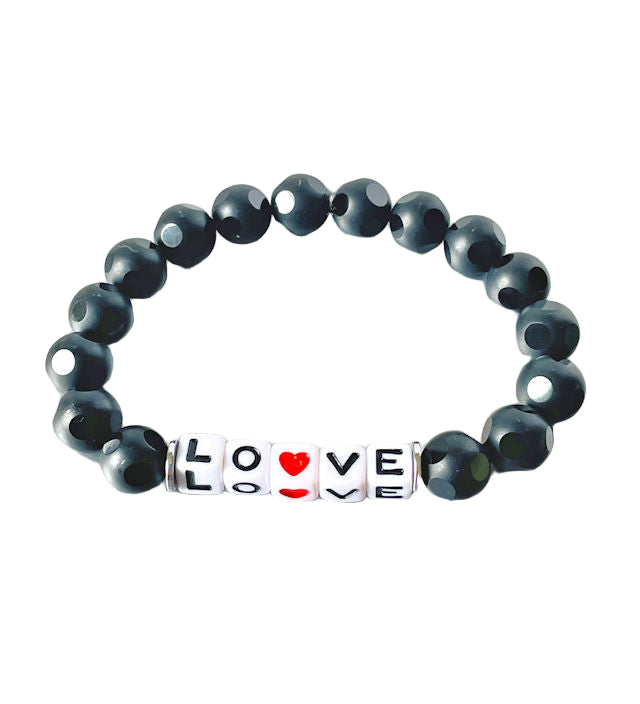 Matte Black Onyx Stretch Bracelet with Love Inscription