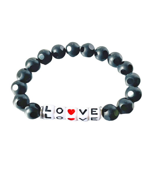 Matte Black Onyx Stretch Bracelet with Love Inscription