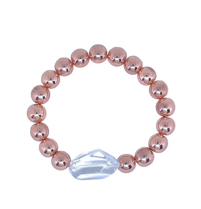12mm Rose Gold Hematite Stretch Bracelet with Clear Quartz Crystal