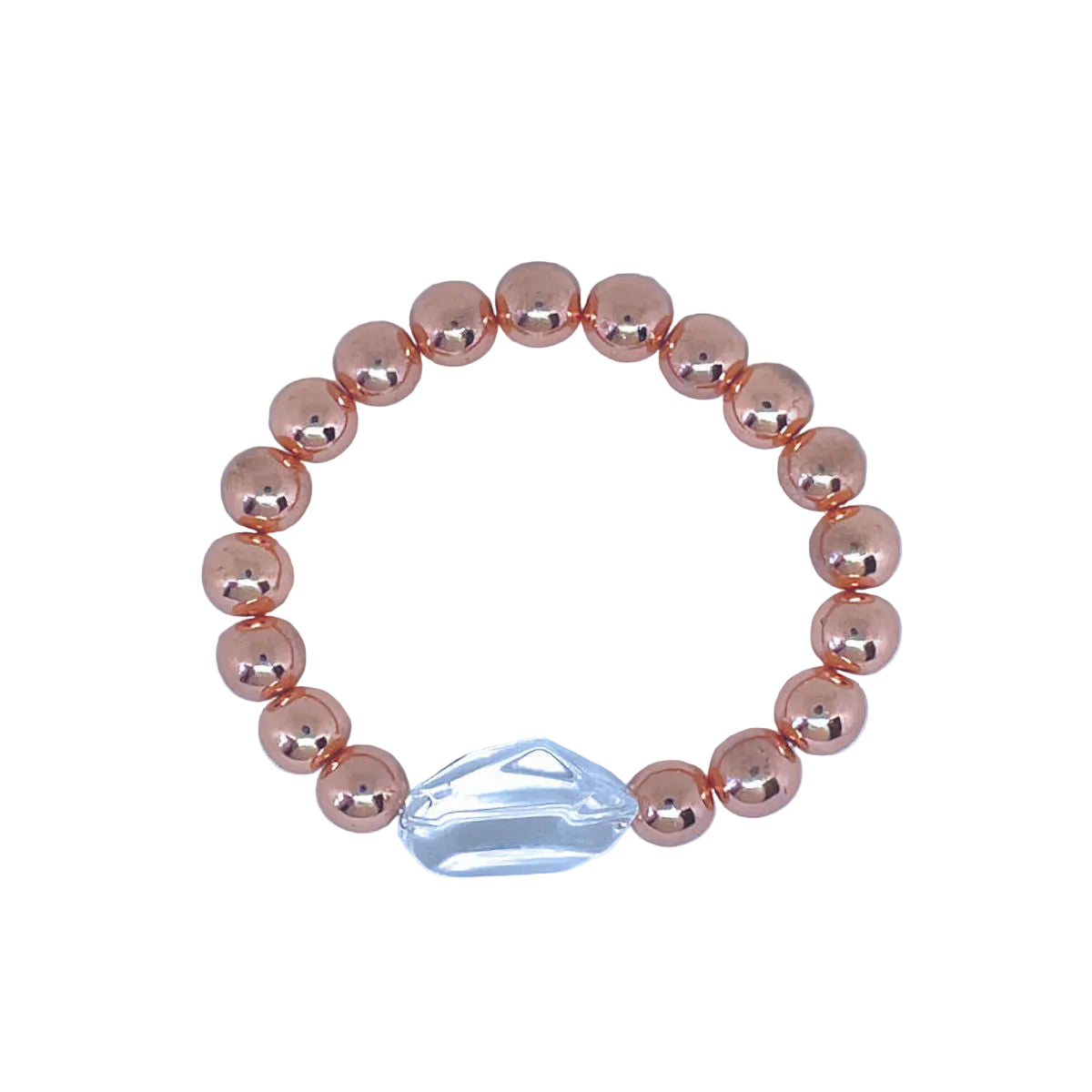 12mm Rose Gold Hematite Stretch Bracelet with Clear Quartz Crystal