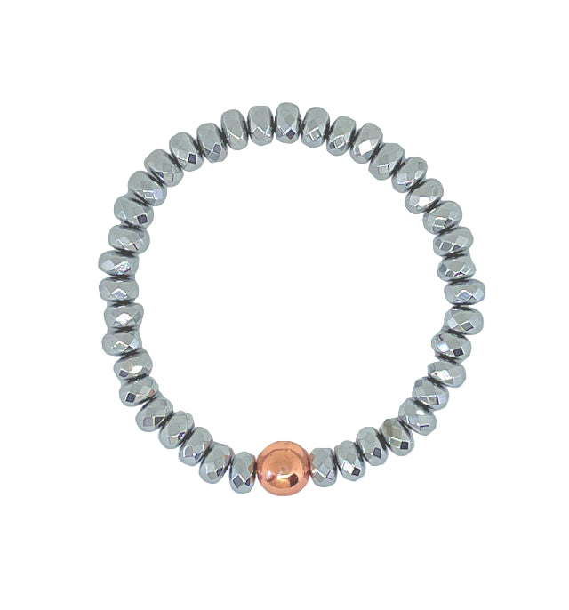 Faceted Rondelle Hematite Bracelet with Rose Gold Focal Bead