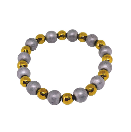 Matte Gray Hematite Stretch bracelet with Faceted Gold Hematite Spacers