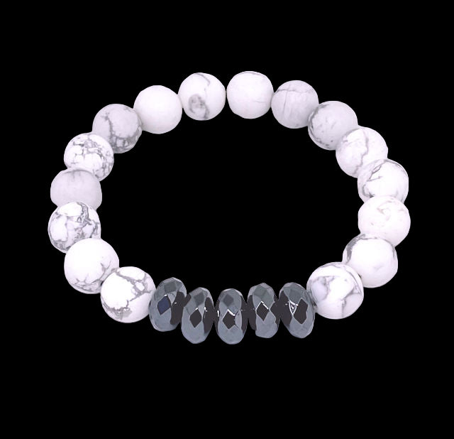 Matte White Howlite Stretch Bracelet with Dark Gray Faceted Rondelle Spacers