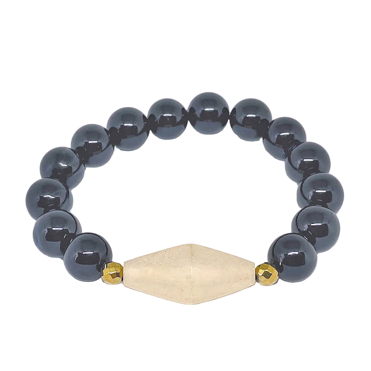 Black Onyx Stretch Bracelet with Matte Pale Yellow Frosted Sea Glass Focal Bead