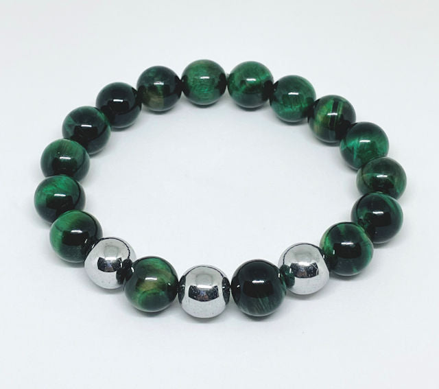 Green Tiger Eye Stretch Bracelet with Silver Hematite Spacers