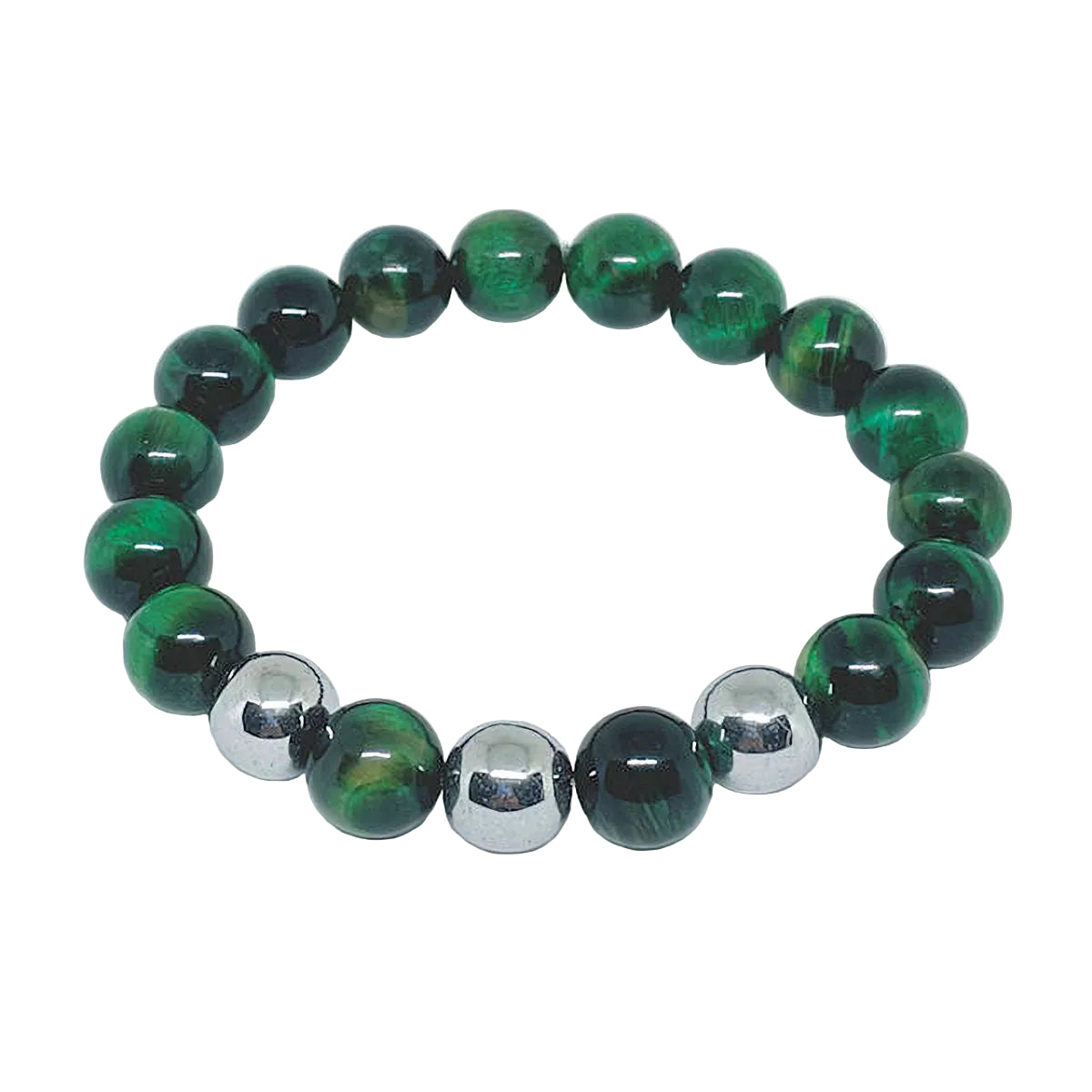 Green Tiger Eye Stretch Bracelet with Silver Hematite Spacers