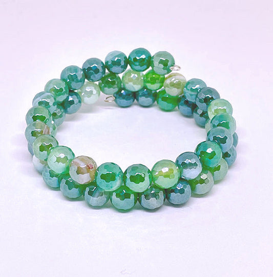 Faceted Electroplated Green Fire Agate Beaded Wire Wrap Bracelet