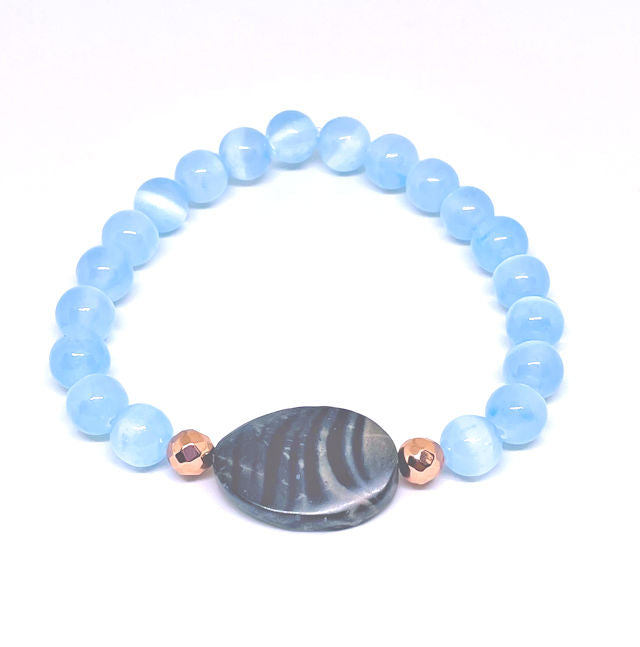 Calming Blue Selenite Stretch Bracelet with Rose Hematite and Agate Stone