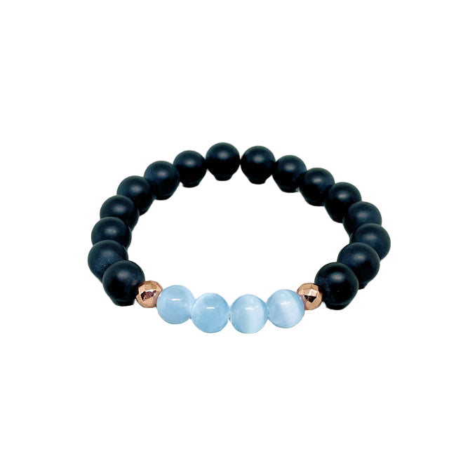 Matte Black Onyx Stretch Bracelet with Blue Selenite and Rose Hematite Accents