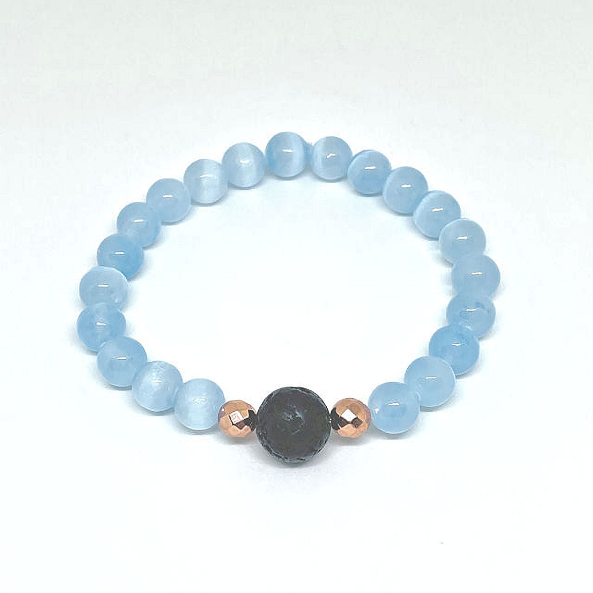 Blue Selenite Stretch Bracelet with Black Lava Bead and Rose Hematite Accent