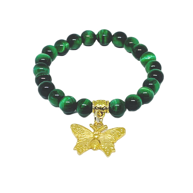 Green Tiger Eye Stretch Bracelet with Gold Plated Butterfly Charm