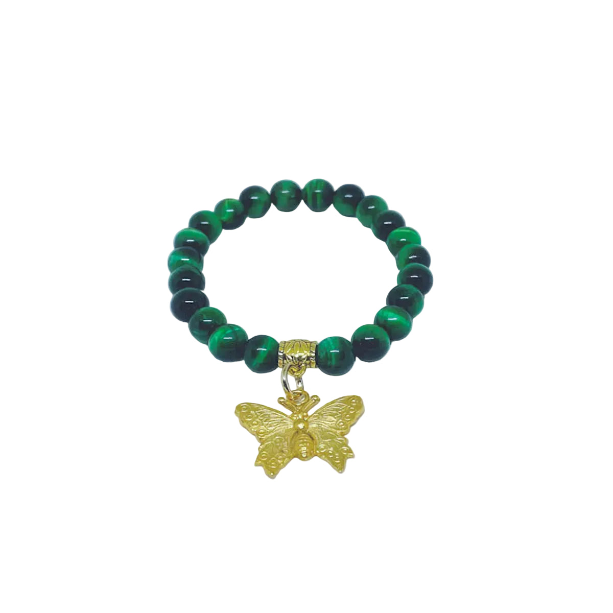 Green Tiger Eye Stretch Bracelet with Gold Plated Butterfly Charm