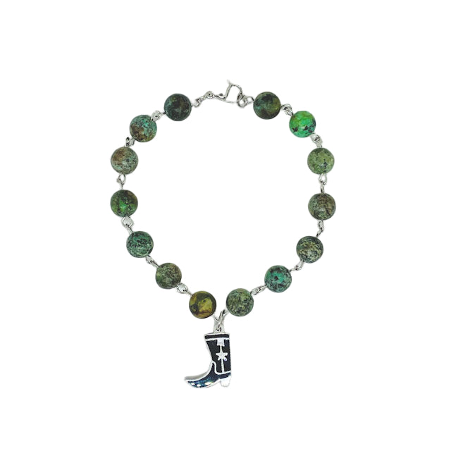 Turquoise wire chain bracelet with 3/4" Black Stainless Steel Boot charm