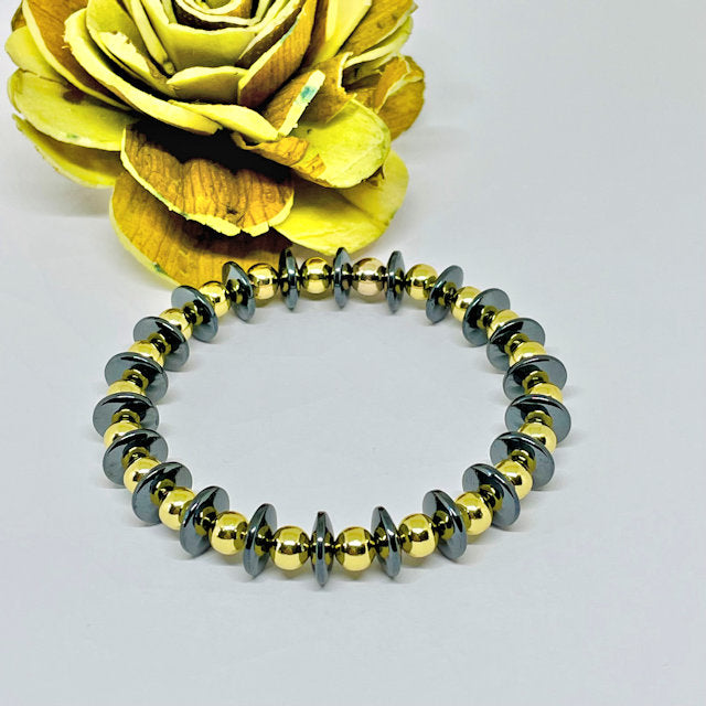 Dark Gray Rondelle Hematite Stretch Bracelet with Gold Hematite Beads