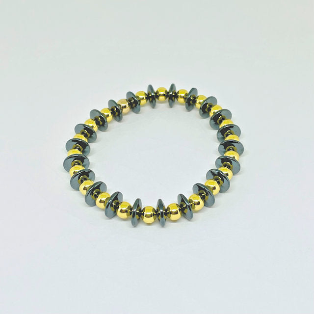Dark Gray Rondelle Hematite Stretch Bracelet with Gold Hematite Beads