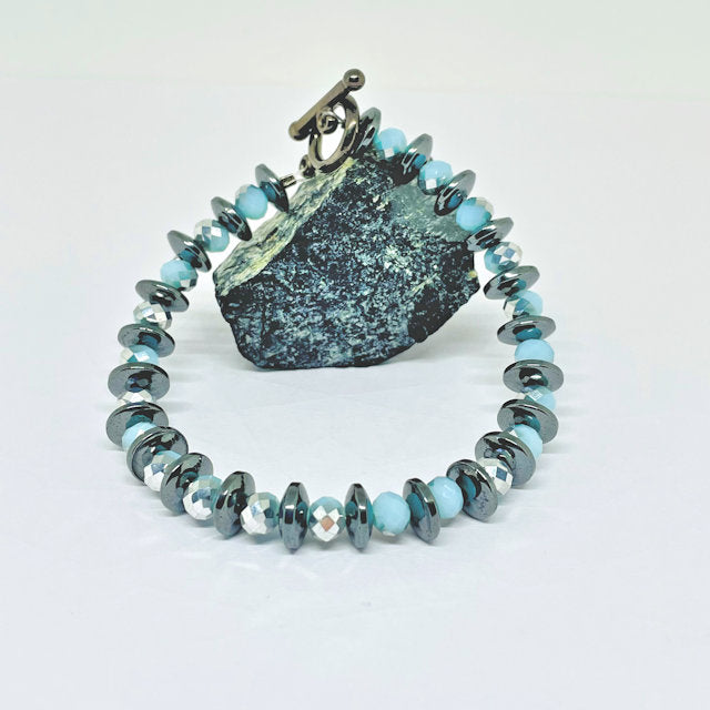 Rondelle Dark Gray Hematite Bracelet with Light Blue/Silver Crystal Beads