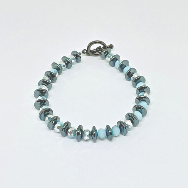Rondelle Dark Gray Hematite Bracelet with Light Blue/Silver Crystal Beads