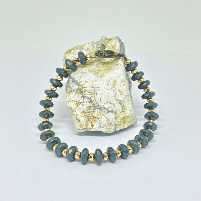 Faceted Dark Gray Matte Rondelle Hematite Bracelet with Faceted Gold Hematite Spacers