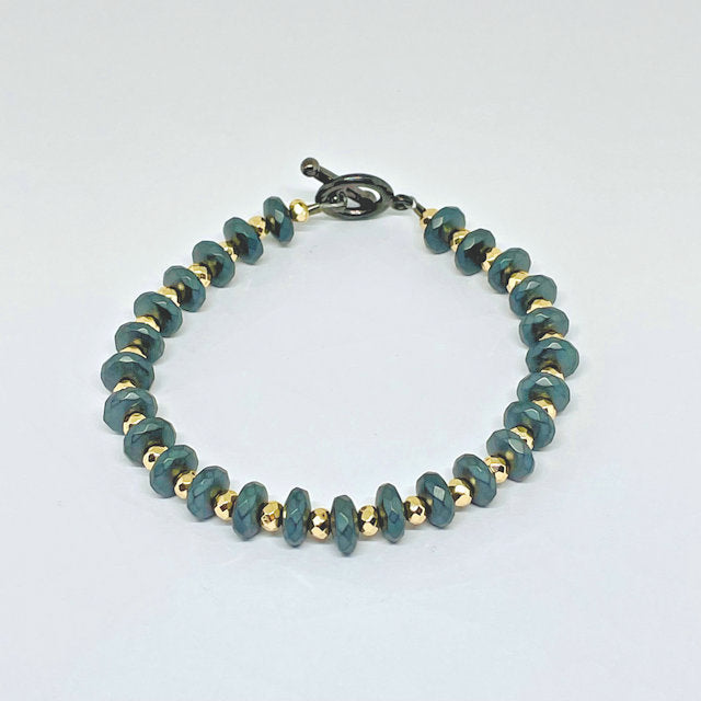 Faceted Dark Gray Matte Rondelle Hematite Bracelet with Faceted Gold Hematite Spacers