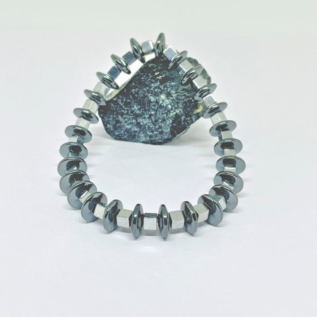 Rondelle Hematite Stretch Bracelet with Silver Square Hematite Spacers