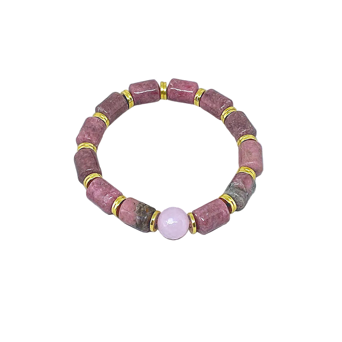 Rhodonite barrel-shaped stretch bracelet accented with Faceted Rose Quartz bead