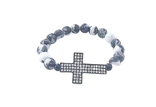 Onyx Marble Stretch Bracelet with Pave Crystal Cross