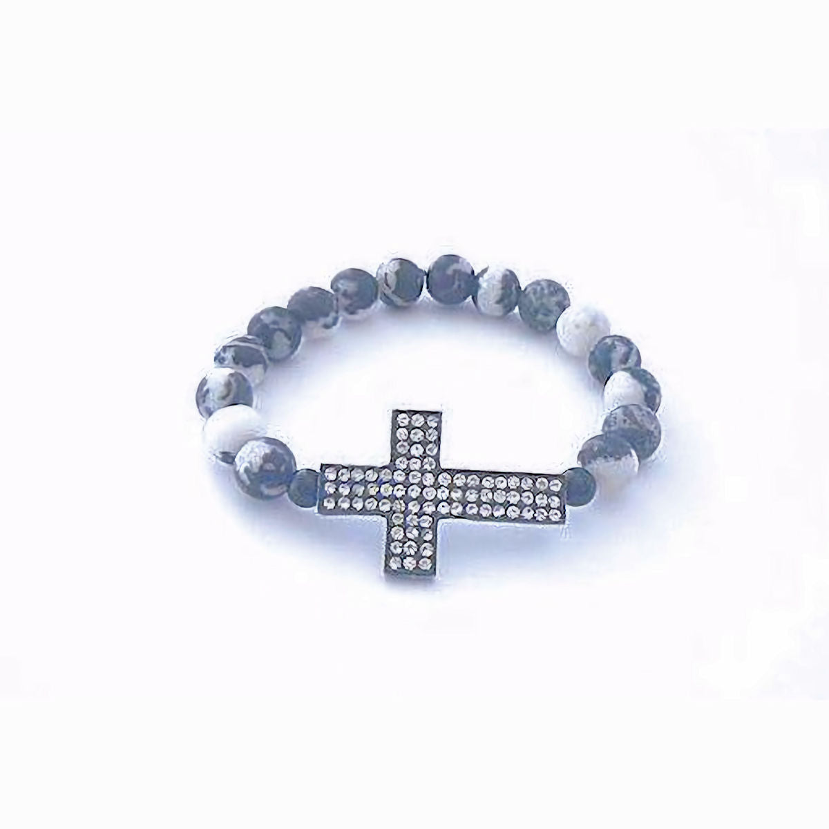 Onyx Marble Stretch Bracelet with Pave Crystal Cross