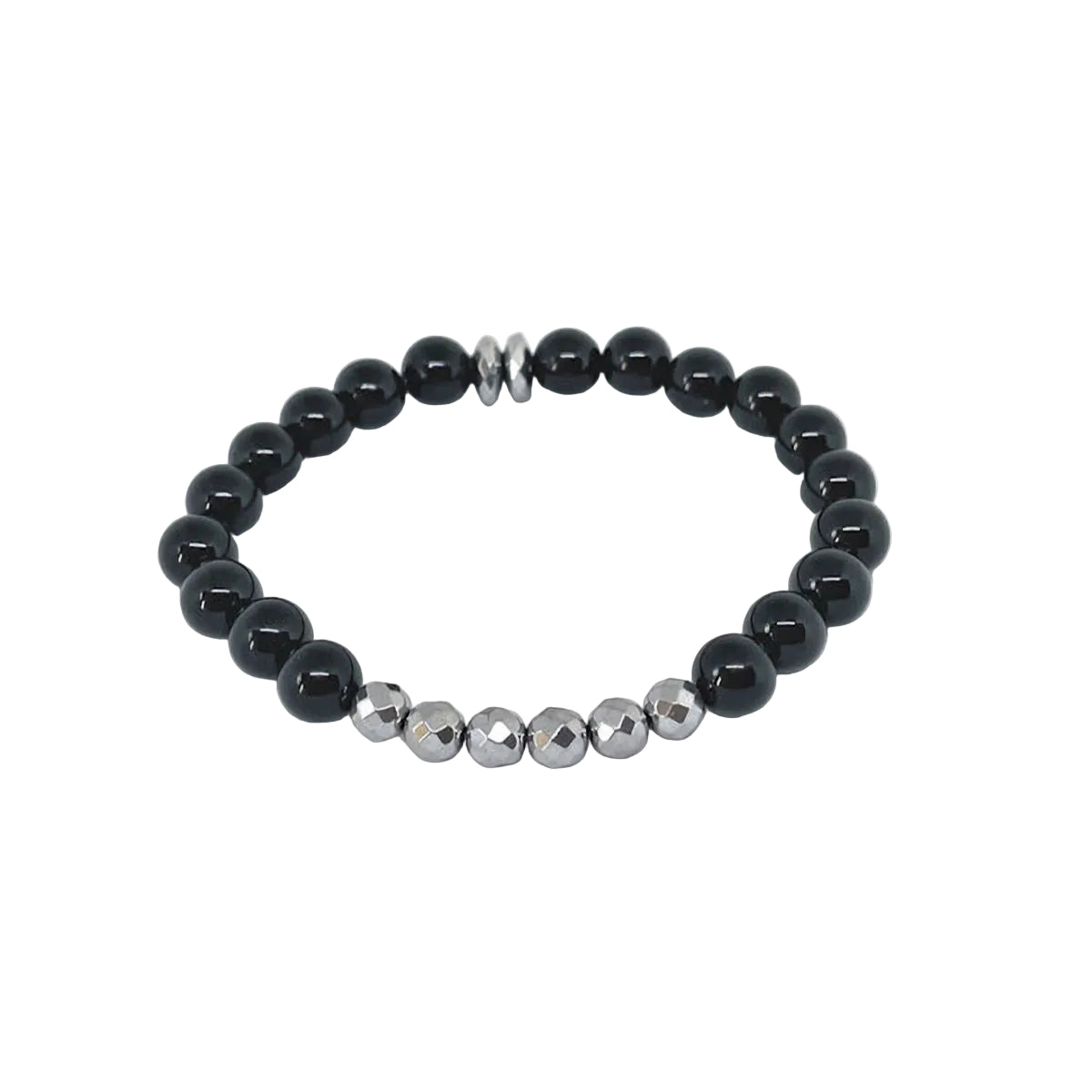 Black Onyx Stretch Bracelet with Faceted Hematite Beads