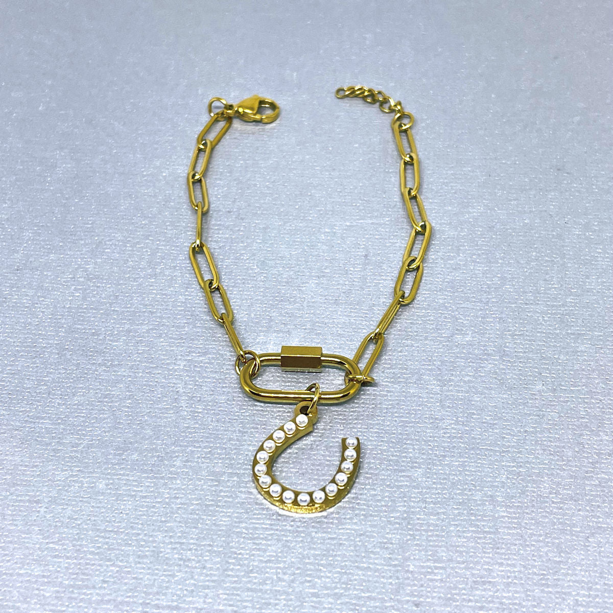 Gold PVD Paperclip Bracelet with Pearl Horseshoe Charm