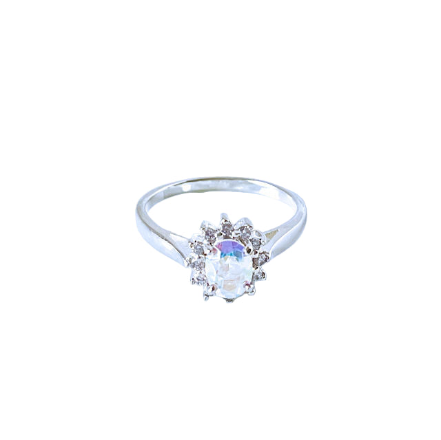Simulated Oval Opal Halo Sterling Silver Ring