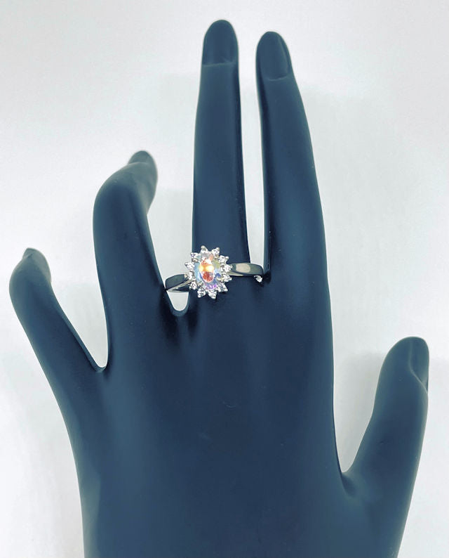 Simulated Oval Opal Halo Sterling Silver Ring