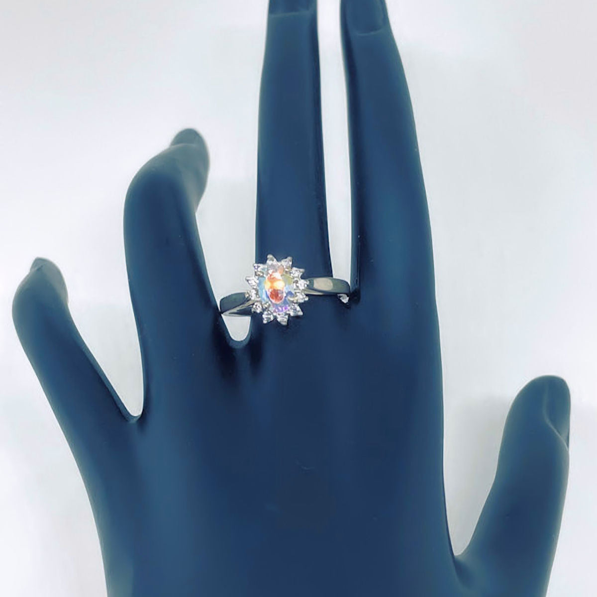 Simulated Oval Opal Halo Sterling Silver Ring