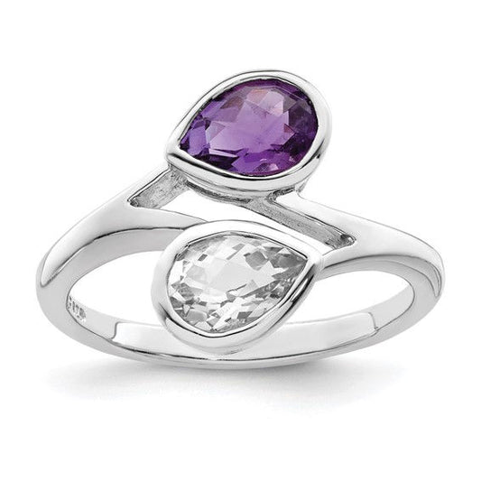 Sterling Silver Rhodium plated Pear Shape Amethyst and White Topaz Stone