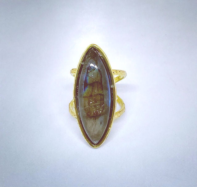 Gold-Plated Brass Adjustable Ring with Labradorite Stone