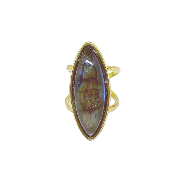 Gold-Plated Brass Adjustable Ring with Labradorite Stone