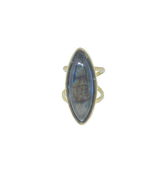 Gold-Plated Brass Adjustable Ring with Labradorite Stone