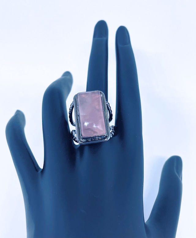 Gun Metal Adjustable Ring with Rose Quartz Stone