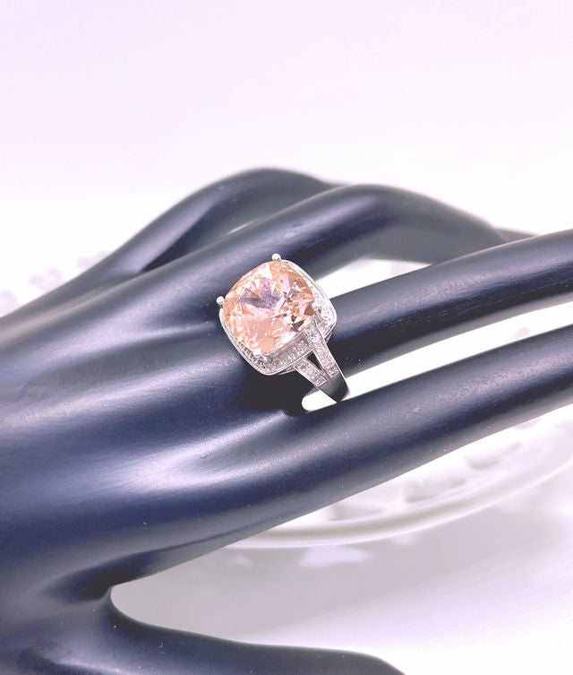 Sterling Silver Diamond ring with CZ Peach Stone