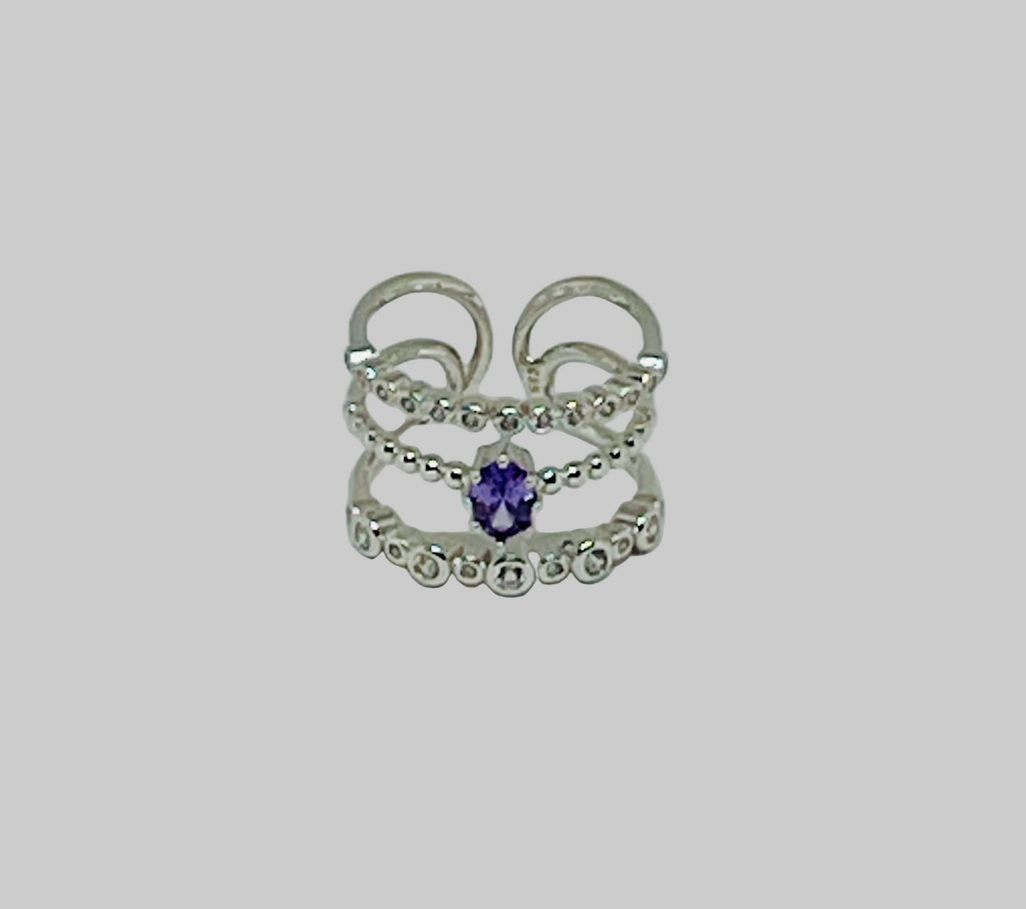 Sterling Silver Amethyst and CZ Three-Row Ring