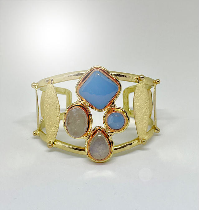 Multi-Stone Cuff Bracelet with Blue Chalcedony and Quartz Stones