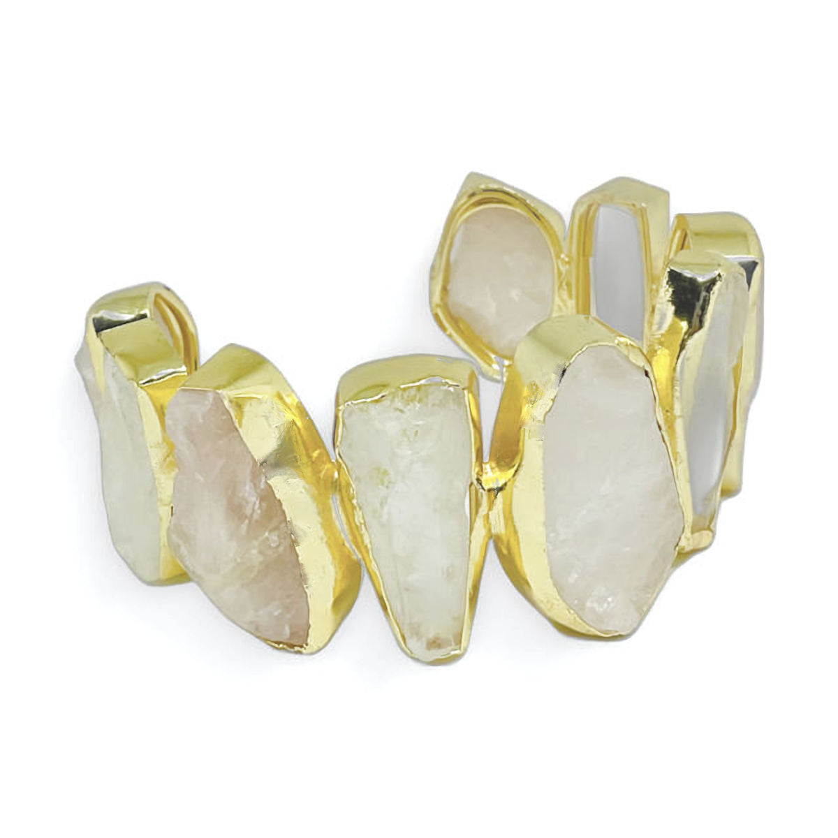 Brass Cuff Bracelet with Raw Rose and Clear Quartz Stones