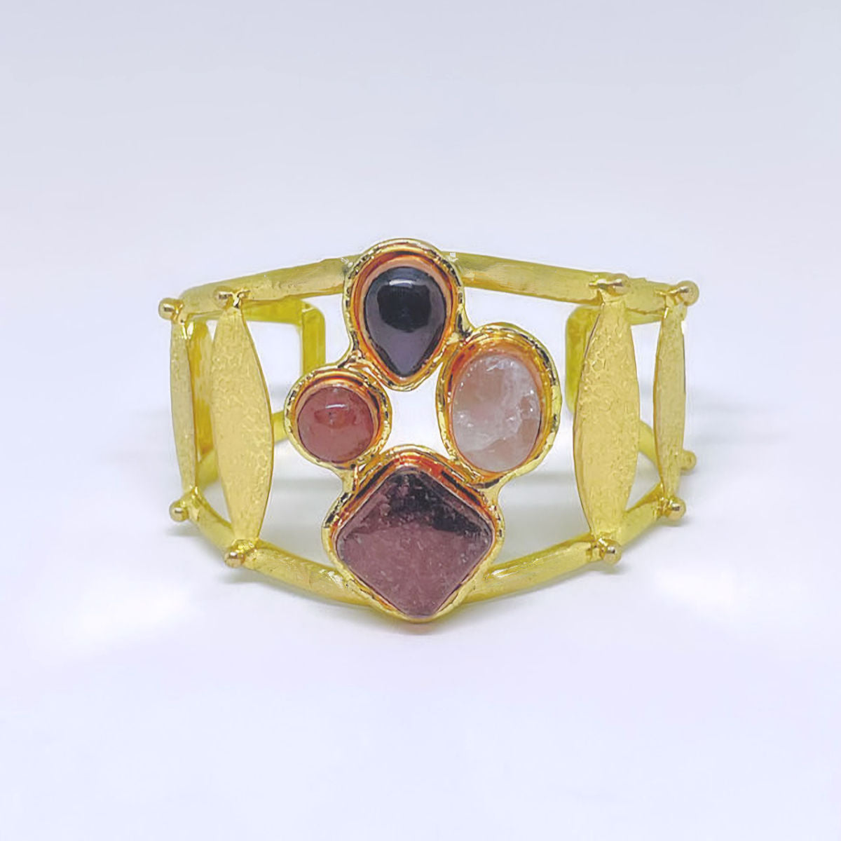 Multi-Stone Cuff Bracelet with Rose Quartz and Strawberry Quartz Stones