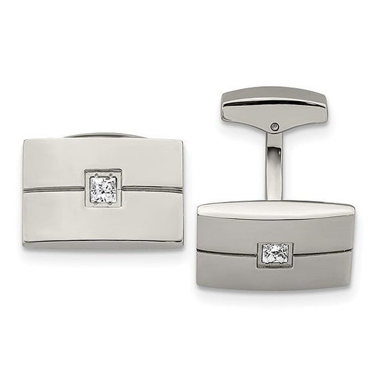 Classic Brilliance: Stainless Steel Polished CZ Rectangle Cufflinks