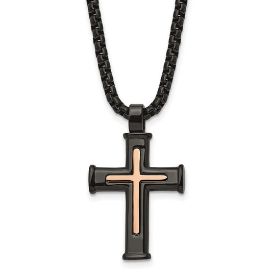 Black and Rose IP-Plated Cross Pendant with 24" Box Chain