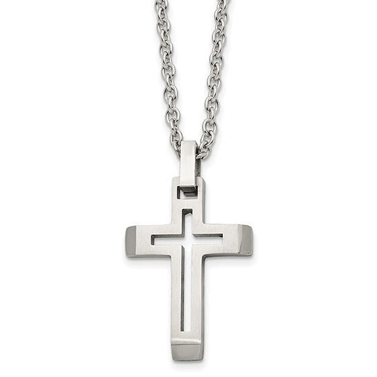 Brushed Stainless Steel Cut-Out Cross Necklace