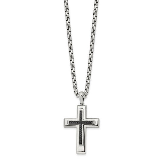 Stainless Steel Cross Necklace with Black CZ Stones