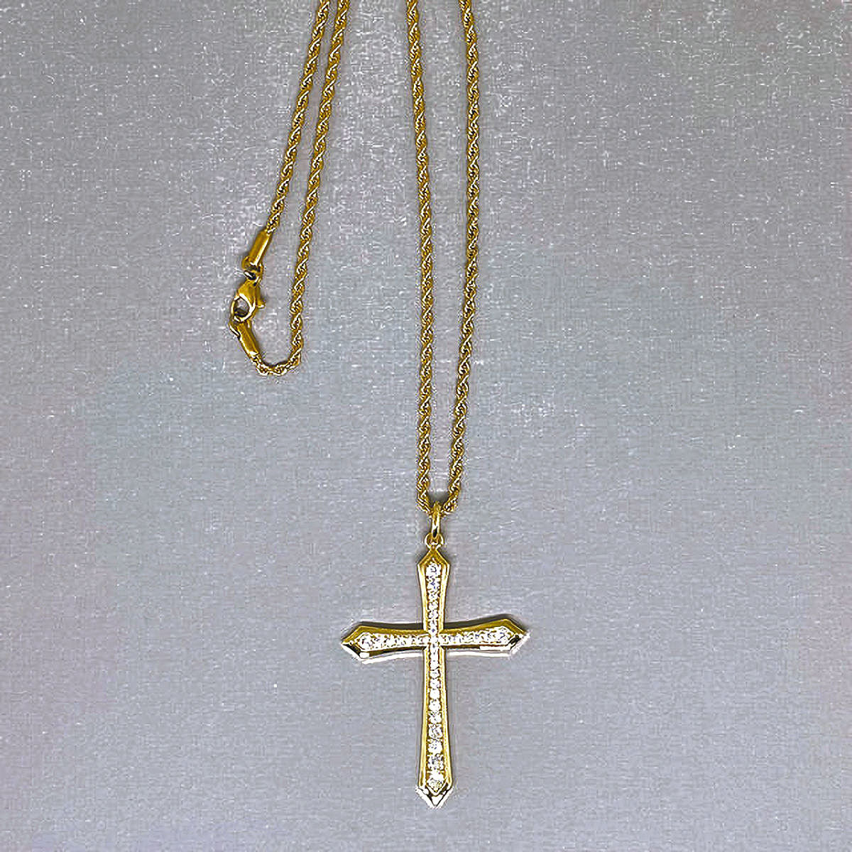 Gold Stainless Steel Rope Chain with Pave Crystal Cross Pendant